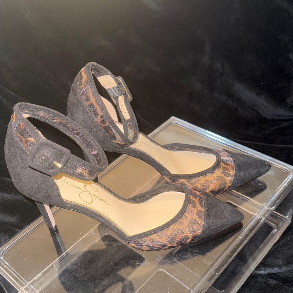 NEW JESSICA SIMPSON Size 7m Black Multi Leopard Ankle Strap Shoes - Picture 4 of 10